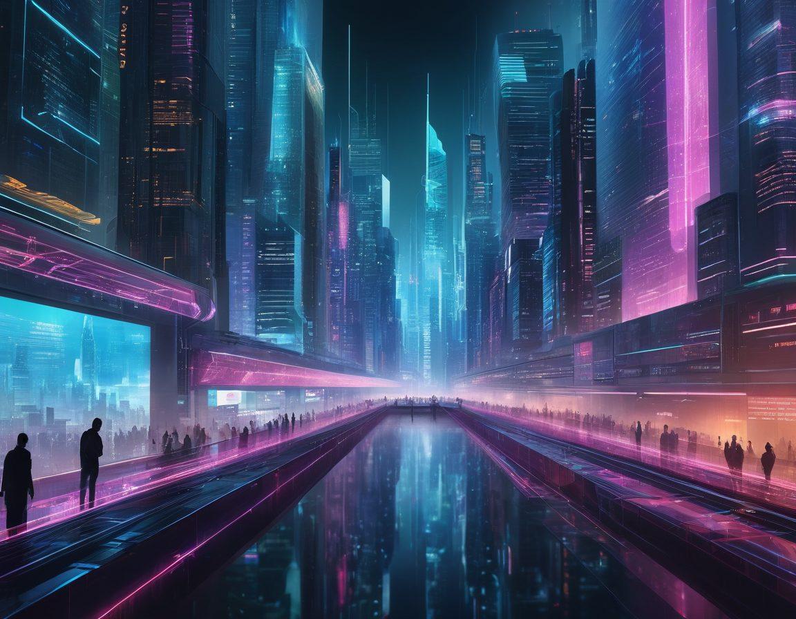 A futuristic cityscape enveloped in digital networks and coding lines, with skyscrapers morphing into high-speed servers. Developers in modern attire are projecting holograms of advanced web structures. Diverse, dynamic elements represent security, speed, and scalability. cyberpunk. vibrant colors. high-tech.