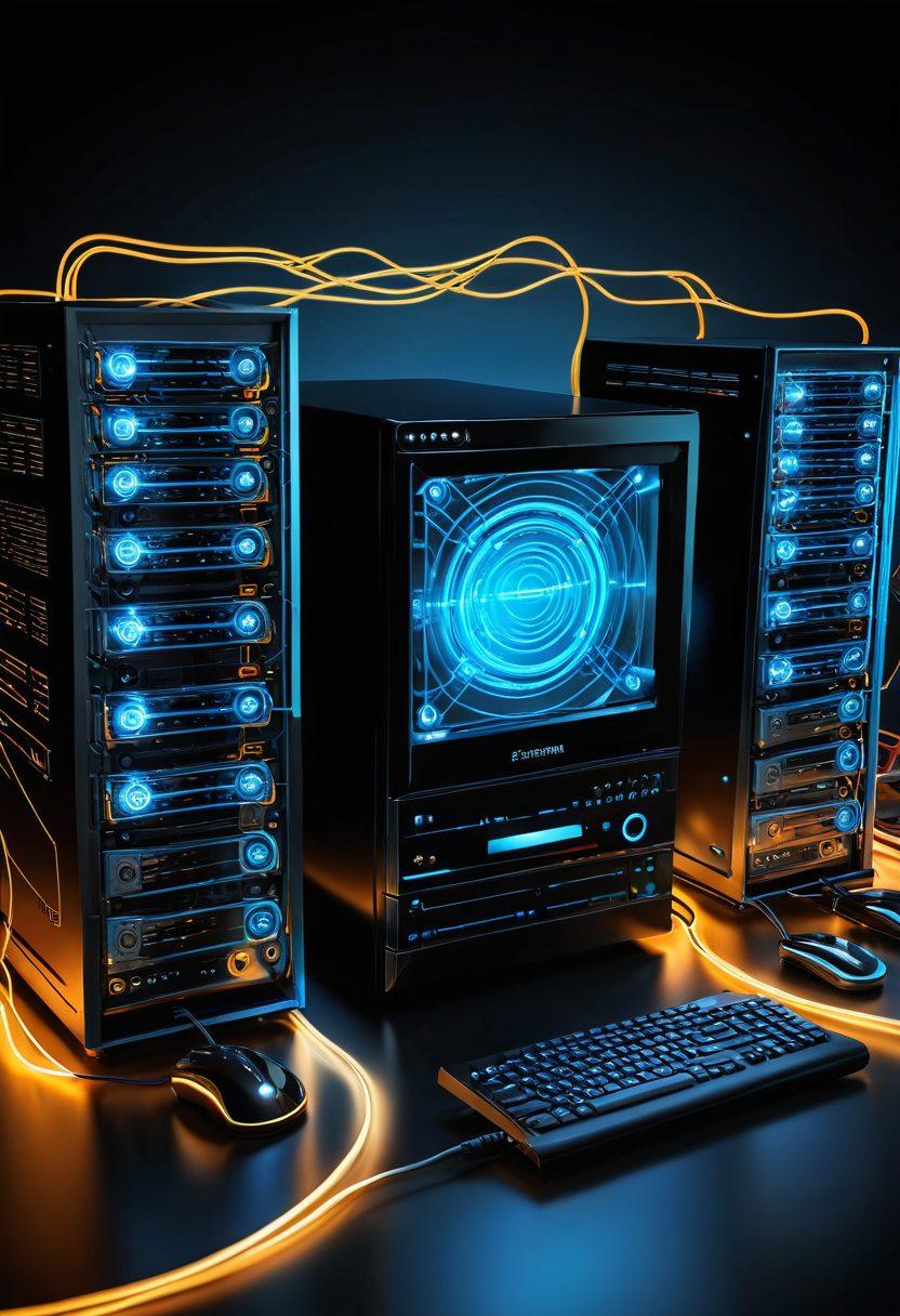 A diverse group of computers and servers connected by glowing lines, symbolizing different web hosting services, with icons representing speed, security, and scalability. A magnifying glass highlighting the best fit for a website. super-realistic. vibrant colors. 3D.