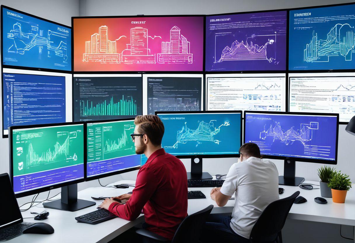 A dynamic and engaging workspace with a modern developer coding on multiple monitors, a colorful website design storyboard tacked on the wall, and a cloud network diagram floating in the background. Super-realistic. Vibrant colors. White background.